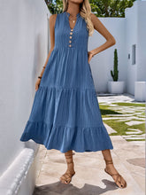 Load image into Gallery viewer, Decorative Dusty Blue Button Notched Sleeveless Dress Elegant & Feminine Style Long Dress For Women