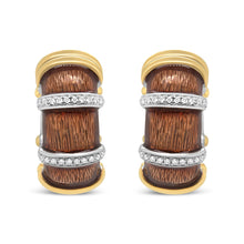 Load image into Gallery viewer, 18K Yellow and White Gold Flash Plated .925 Sterling Silver Clear Brown Enamel 9/10 Cttw Round Diamonds Huggie Hoop Earrings (F-G Color, VS1-VS2 Clarity)