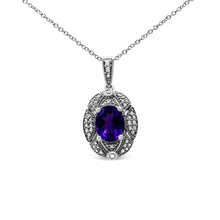 Load image into Gallery viewer, .925 Sterling Silver Diamond Accent and 9x7mm Purple Oval Amethyst Gemstone Pendant 18" Necklace (I-J Color, I1-I2 Clarity)