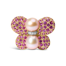将图片加载到图库查看器,18K Yellow and White Gold 9MM South Sea Pearl and Pink Sapphire Butterfly Pin Brooch with Diamond Accent (F-G Color, VS1-VS2 Clarity)