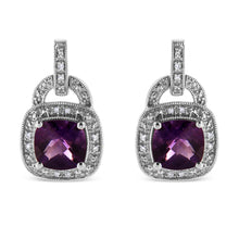 Load image into Gallery viewer, .925 Sterling Silver 8MM Natural Cushion Shaped Amethyst and Diamond Accent Halo with Push Back Dangle Earrings (I-J Color, I2-I3 Clarity)