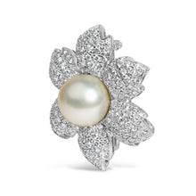 Load image into Gallery viewer, 18K White Gold 2 3/4 Cttw Diamond and 12.5 MM Cultured Freshwater Pearl Floral Brooch Pin (G-H Color, VS1-VS2 Clarity)