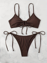将图片加载到图库查看器,Bikini Solid Rib Knit 2 Piece Swimsuit – Ring Link Tie Front Triangle Bikini Set for Women – Hollow Out High Stretch V-Neck Top with Tie Side Bottoms – Trendy Beach & Pool Swimwear for Summer