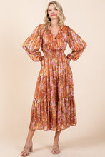 Load image into Gallery viewer, Flower Print Satin Lurex Stripe Smocked Midi Summer Dress – Elegant Midi Dress, Satin Lurex Dress, Floral Dress, Smocked Waist Dress, Romantic Midi Dress, Special Occasion Dress