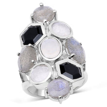 将图片加载到图库查看器,10.30 Carat Genuine White Rainbow Moonstone, Labradorite And Black Onyx .925 Sterling Silver Ring