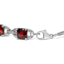 Load image into Gallery viewer, .925 Sterling Silver 7x7mm Checkered Cushion Red Garnet and Diamond Accent Fashion Tennis Link Bracelet (I-J Color, I1-I2 Clarity) - Size 7" Inch