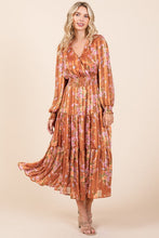 Load image into Gallery viewer, Flower Print Satin Lurex Stripe Smocked Midi Summer Dress – Elegant Midi Dress, Satin Lurex Dress, Floral Dress, Smocked Waist Dress, Romantic Midi Dress, Special Occasion Dress