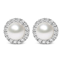 Load image into Gallery viewer, 10K White Gold 4.5mm Cultured Freshwater Pearl and 1/7 Cttw Diamond Halo Stud Earring (I-J Color, I1-I2 Clarity)