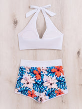 将图片加载到图库查看器,Bikini Floral Halter Neck 2 Piece Swimsuit for Women – Elegant Backless Bikini Set with Tie-Neck Bow and High Waist Shorts Bottoms – Stretchy and Comfortable Summer Swimwear for Beach Pool and Vacation