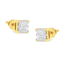 Load image into Gallery viewer, 10K Yellow Gold 3/4 Cttw Invisible Set Princess-Cut Diamond Composite Square Stud Earrings (I-J Color, I2-I3 Clarity)