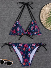 Load image into Gallery viewer, Sunset Bloom 2-Piece Triangle Bikini Set for Women – Vibrant Random Floral Print Halter Neck Swimsuit with Tie-Back Tie-Side Bottoms & High Cut Legs – Women's High-Stretch Swimwear for Summer Beach Escapes