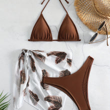 Load image into Gallery viewer, Feather Luxe 3-Piece Bikini Set – Exotic Feather Print Halter Neck Backless Swimsuit with High Cut Tie Back Bottoms and Wrap Cover-Up – Women’s High-Stretch Comfortable Swimwear for Summer Beach & Pool Vacations