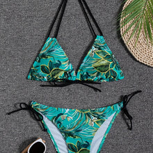 Load image into Gallery viewer, Sunset Bloom 2-Piece Triangle Bikini Set for Women – Vibrant Random Floral Print Halter Neck Swimsuit with Tie-Back Tie-Side Bottoms & High Cut Legs – Women's High-Stretch Swimwear for Summer Beach Escapes