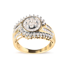 Load image into Gallery viewer, 10K Yellow Gold 1 Cttw Round and Baguette cut Diamond Cluster Swirl Band Ring (H-I Color, I1-I2 Clarity) - Ring Size 7