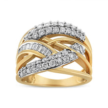 Load image into Gallery viewer, 10K Yellow and White Gold 1.0 Cttw Round and Baguette-Cut Diamond Multirow Interwoven Cocktail Ring (I-J Color, I2-I3 Quality) - Size 7