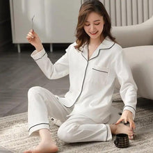 将图片加载到图库查看器,100% Cotton New Trendy Pajamas For Women Full Sleeves Pajamas Button Down Winter Sleepwear Set Women White Cotton Pajamas Women's Loose Size V-neck Home Suit Long Sleeve Wide Leg Pants Pajamas Casual Home wear