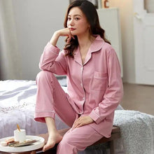 将图片加载到图库查看器,100% Cotton New Trendy Pajamas For Women Full Sleeves Pajamas Button Down Winter Sleepwear Set Women White Cotton Pajamas Women's Loose Size V-neck Home Suit Long Sleeve Wide Leg Pants Pajamas Casual Home wear