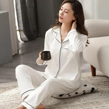 将图片加载到图库查看器,100% Cotton New Trendy Pajamas For Women Full Sleeves Pajamas Button Down Winter Sleepwear Set Women White Cotton Pajamas Women's Loose Size V-neck Home Suit Long Sleeve Wide Leg Pants Pajamas Casual Home wear