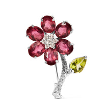 将图片加载到图库查看器,18K White Gold 1/3 Cttw Diamond, Pink Tourmaline, and Green Peridot Flower and Leaf Tulip Brooch Pin (H-I Color, VS2-SI1)