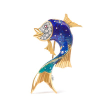 Load image into Gallery viewer, 18K Yellow Gold and Blue Enamel Diamond and Pink Sapphire Fish Brooch Pin (H-I Color, VS2-SI1 Clarity)