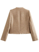 Load image into Gallery viewer, Luxury Camel Raw Hem Pocketed Round Neck Jacket Edgy & Casual Lightweight Outerwear