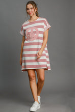 Load image into Gallery viewer, Peace Applique Striped Short Sleeve Mini Dress β Trendy Stripes, Playful Peace Applique, and High-Low Hem for a Chic Casual Look