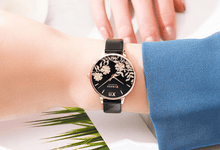Load image into Gallery viewer, Womens Elegant Waterproof Clock With Decoupage Flower Details In Variant With Leather And Stainless Steel Knitted Belts