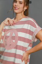 Load image into Gallery viewer, Peace Applique Striped Short Sleeve Mini Dress β Trendy Stripes, Playful Peace Applique, and High-Low Hem for a Chic Casual Look