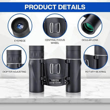 Load image into Gallery viewer, High Powered Mini Pocket Binoculars 10x25 with Phone Adapter – Compact, Lightweight, Portable – Black