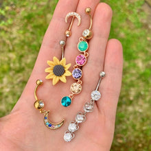 Load image into Gallery viewer, Multicolor Gem Gold Tone Crescent Moon Dangle Belly Ring