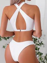 Load image into Gallery viewer, Bikini Criss Cross Neck 2 Piece High Cut Flattering Swimsuit for Women – Elegant Solid Color Bikini Set with Stretchy Cross Strap Detailing – Comfortable and Stylish Swimwear for Poolside Lounging Beach Days & Summer Vacations