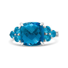 Load image into Gallery viewer, 18K White Gold 10mm Cushion Shaped Blue Topaz and 1/6 Cttw Diamond 3 Stone Style Ring (F-G Color, VS1-VS2 Clarity) - Ring Size 6.5