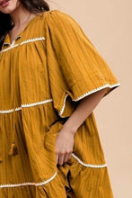 Load image into Gallery viewer, Tassel Contrast Trim Tie Neck Half Sleeve Tiered Dress For Women – Bohemian Inspired Tiered Dress with Tassel Accents and Contrast Trim for a Playful Look