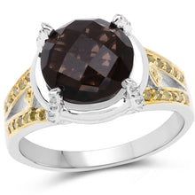 Load image into Gallery viewer, 3.28 Carat Genuine Smoky Quartz, Yellow Diamond & White Diamond .925 Sterling Silver Ring