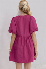 Load image into Gallery viewer, Elegant Ruched Puff Sleeve Mini Dress Vintage Bow Detail Cute Short Dress for Women