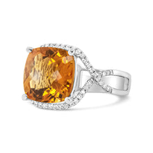 Load image into Gallery viewer, 14K White Gold 12mm Cushion Cut Yellow Citrine Gemstone and 1/3 Cttw Round Pave-Set Diamond Ring - (H-I Color, VS1-VS2 Clarity)- Size 6.5