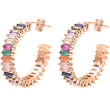 Load image into Gallery viewer, 14K Gold Plated Cubic Zirconia Multicolor Rainbow Round Hoop Stud Earrings
