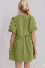 Load image into Gallery viewer, Elegant Ruched Puff Sleeve Mini Dress Vintage Bow Detail Cute Short Dress for Women