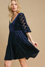将图片加载到图库查看器,Dotted Lace Sleeve Tiered Velvet Mini Dress For Women – Vintage Velvet Dress, Lace Sleeve Mini Dress, Tiered Velvet Dress, Elegant Party Dress