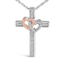 Load image into Gallery viewer, 14K Rose Gold Plated Sterling Silver 1/10 Cttw Diamond Cross & Heart Pendant Necklace