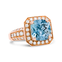 将图片加载到图库查看器,18K Rose Gold 10x10mm Cushion Shaped Aquamarine and 1 1/8 Cttw Round Diamond Halo Ring (F-G Color, VS1-VS2 Clarity) - Ring Size 6.5
