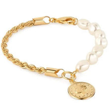 Load image into Gallery viewer, 18K Gold Rope and Pearl Bracelet with Coin Charm 8"