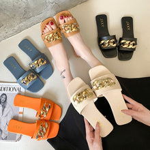 将图片加载到图库查看器,Women Sandals Design Gold Chain Closed Toe Slip On Mules Shoes Flat Heels Square Head Casual Slides Summer Slippers Open Toe Flat Sandals Metal Chain PU Leather Slides Shoes