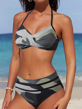 Load image into Gallery viewer, Bikini Camo Print 2 Piece High Cut Halter Swimsuit for Women – Vibrant V Neck Backless Bikini Set with Ruched Detail – Comfortable Stretchy Swimwear for Beach Pool and Summer Vacation