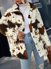 Load image into Gallery viewer, Trendy Black White Cozy Cow Print Collared Neck Button Up Fuzzy Jacket Modern & Warm Outerwear
