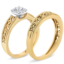 将图片加载到图库查看器,14K Yellow Gold Plated .925 Sterling Silver 1/5 Cttw Diamond Halo and Milgrain Finish Engagement Ring Bridal Set (I-J Color I3 Clarity) - Size 7