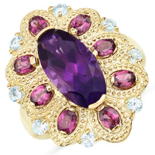 Load image into Gallery viewer, 6.80 Carat Genuine Amethyst, Rhodolite and Blue Topaz .925 Sterling Silver Ring