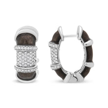 Load image into Gallery viewer, 18K White Gold Flash Plated .925 Sterling Silver Clear Graphite Grey Enamel 5/8 Cttw Round Diamonds Huggie Hoop Earrings (F-G Color, VS1-VS2 Clarity)
