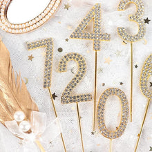 Load image into Gallery viewer, 1Pc Glitter Alloy Rhinestone Number Cake Toppers Pieces Silver Glitter Number Cake Toppers Double Sided Twinkle Happy Birthday Cake Topper Cupcake Toppers For Wedding Baby Shower Birthday Decoration Wedding Gold Silver Digital Cakes Dessert Decor