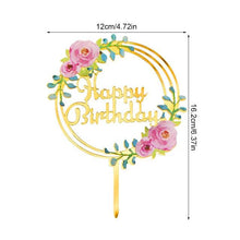 Load image into Gallery viewer, 1Pcs Metal Happy Birthday Cake Topper Artificial flowers Cake Toppers Happy Birthday Cake Topper Metal And Acrylic Cake Decoration With Pink Artificial Flower Cluster For DIY Baby Shower Birthday Party Decoration Baking Decor